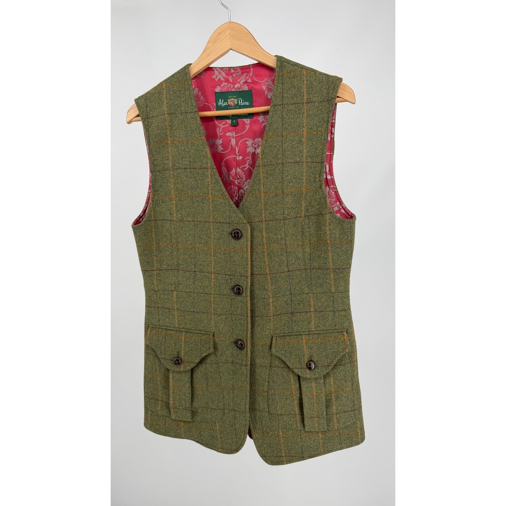 Alan Paine Wool Tweed Waistcoat Womens UK 10 Green Plaid Country Vest